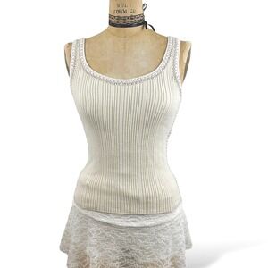 Coquette Womens M Ribbed Crochet Trim Tank Top Unsubscribed Cream Indie Sleaze